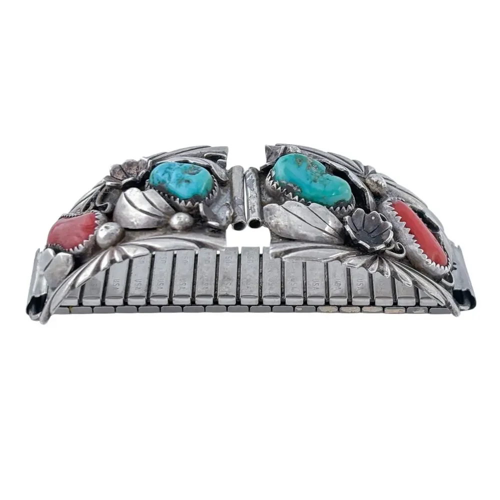 Vintage Southwest Sterling Silver 925 Turquoise Coral Watch Tips 6